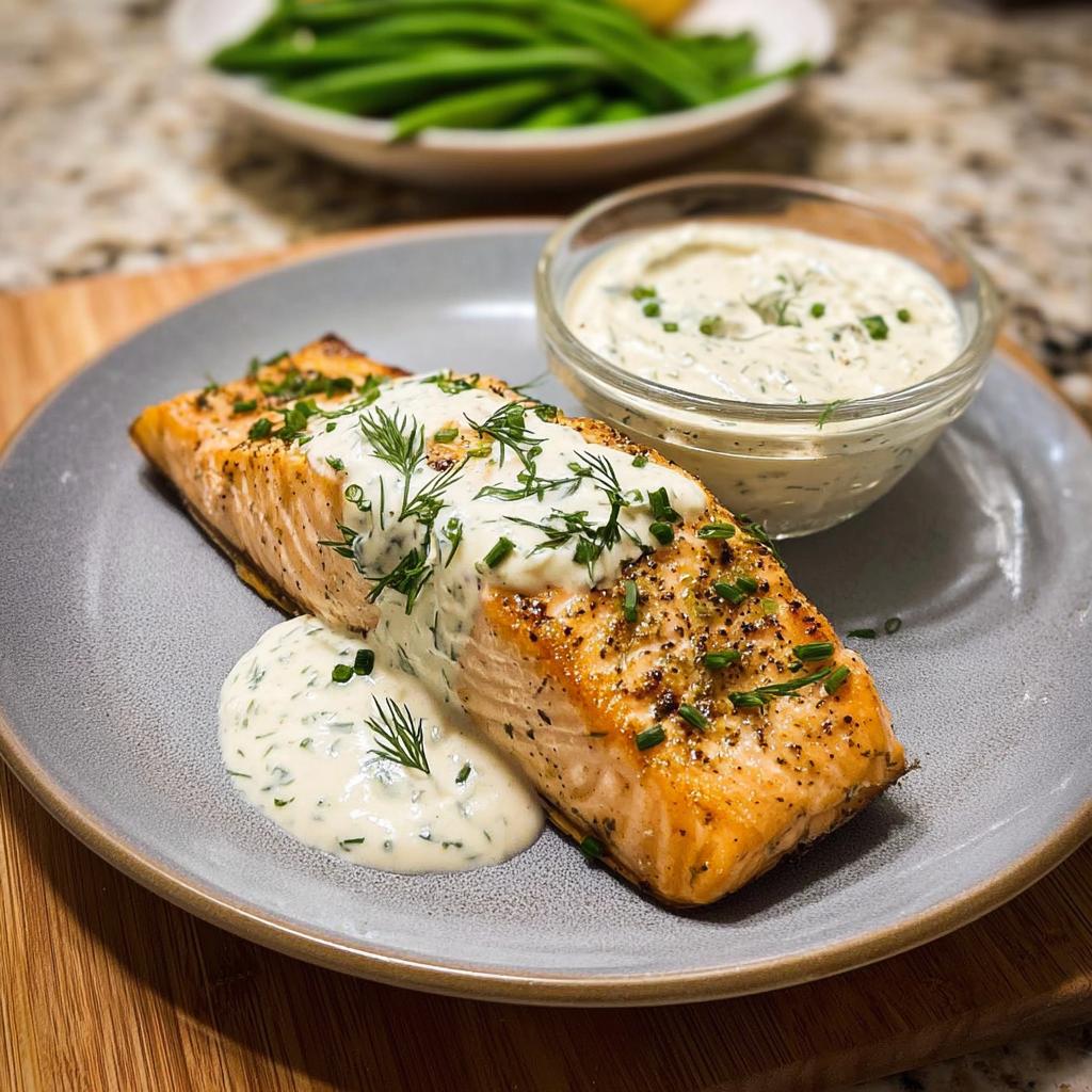A perfectly cooked salmon fillet topped with creamy dill sauce and fresh herbs, served with a side of green beans.