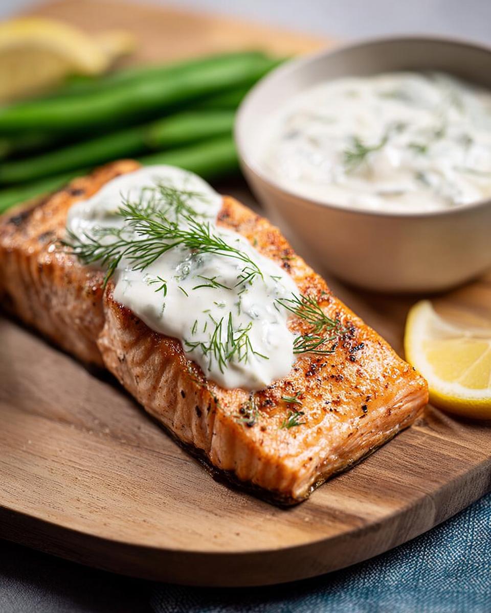 A perfectly cooked salmon fillet topped with creamy dill sauce and fresh dill, served with green beans and a lemon wedge.