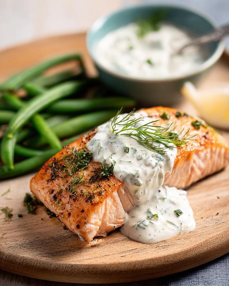 A perfectly cooked salmon fillet topped with creamy dill sauce, served with green beans and a lemon wedge.