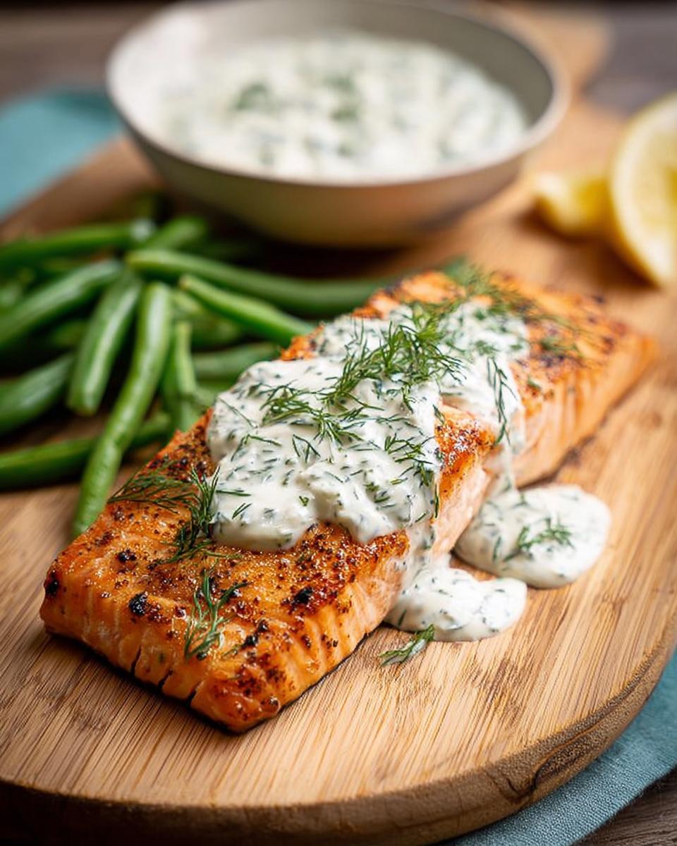 A perfectly cooked salmon fillet topped with creamy dill sauce and fresh dill, served with green beans.