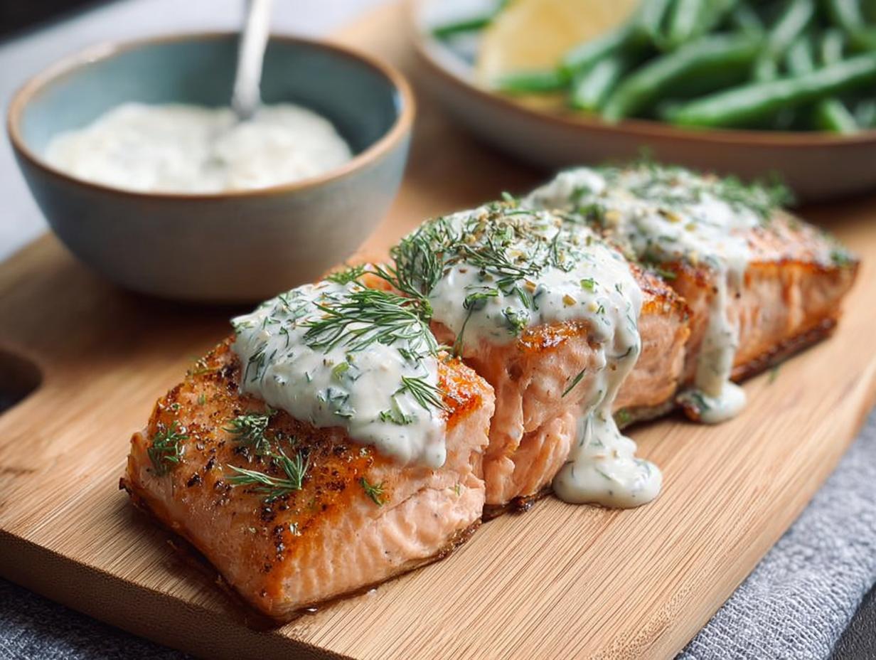 Three perfectly cooked salmon fillets topped with creamy dill sauce and fresh dill, part of a delicious salmon recipe.