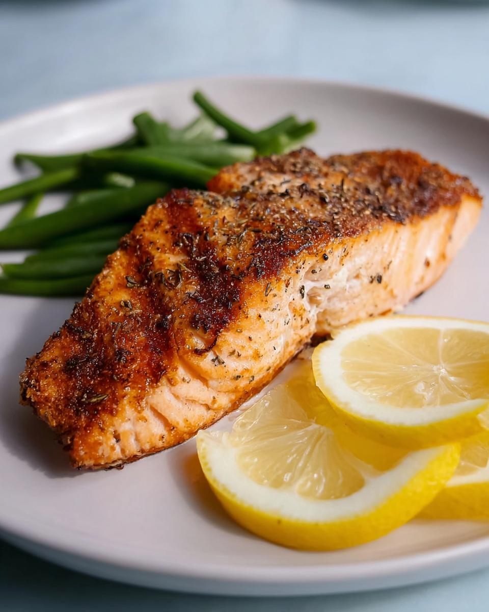 A delicious salmon fillet seasoned and cooked to perfection, served with fresh green beans and lemon slices.