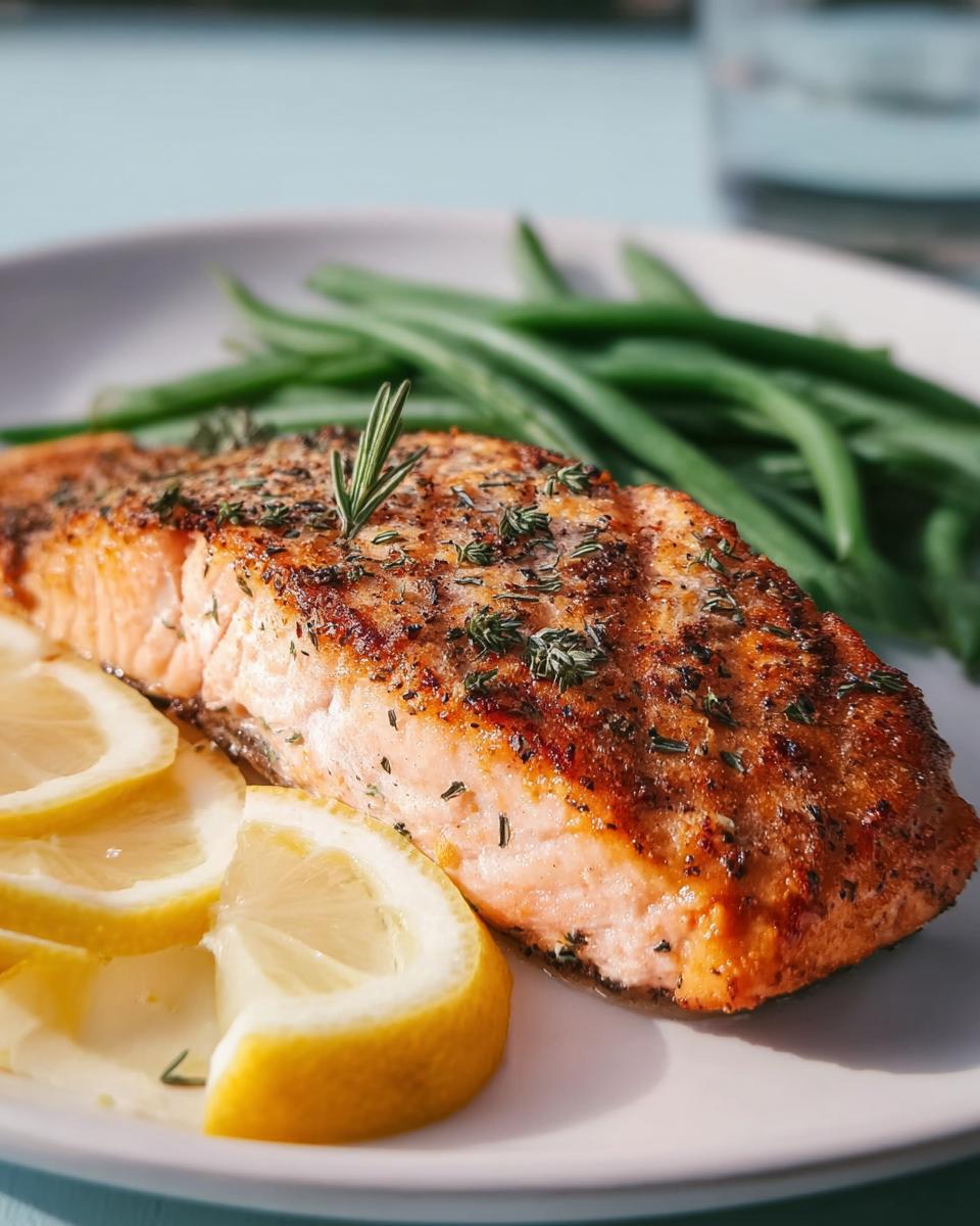 A close-up of a perfectly cooked salmon fillet, seasoned and garnished with rosemary, served with lemon slices and green beans.