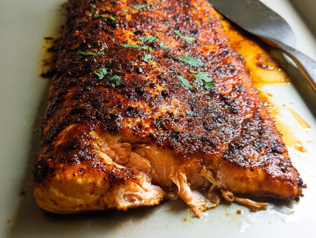 Close-up of a perfectly cooked salmon fillet with a crispy, spiced crust and flaky interior, a staple in salmon recipes.