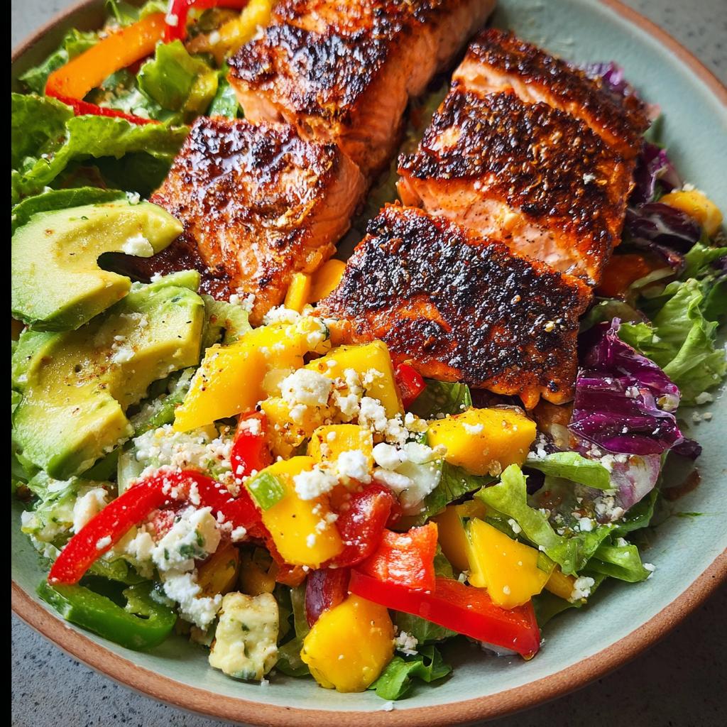 A vibrant salad featuring perfectly cooked salmon, fresh mango, creamy avocado, bell peppers, and crumbled feta cheese.
