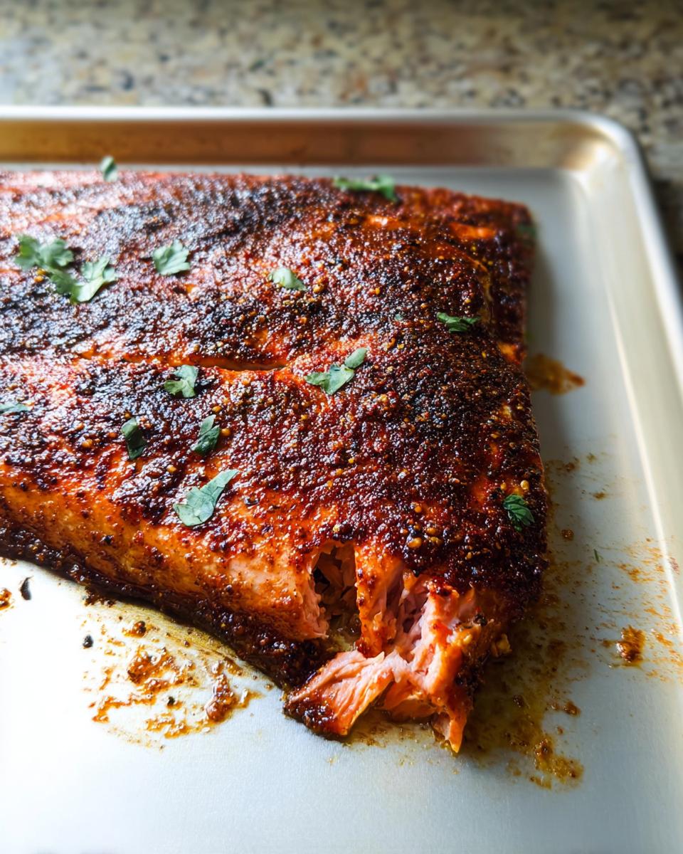 A close-up of a perfectly cooked salmon recipe, seasoned and baked on a sheet pan with fresh parsley.