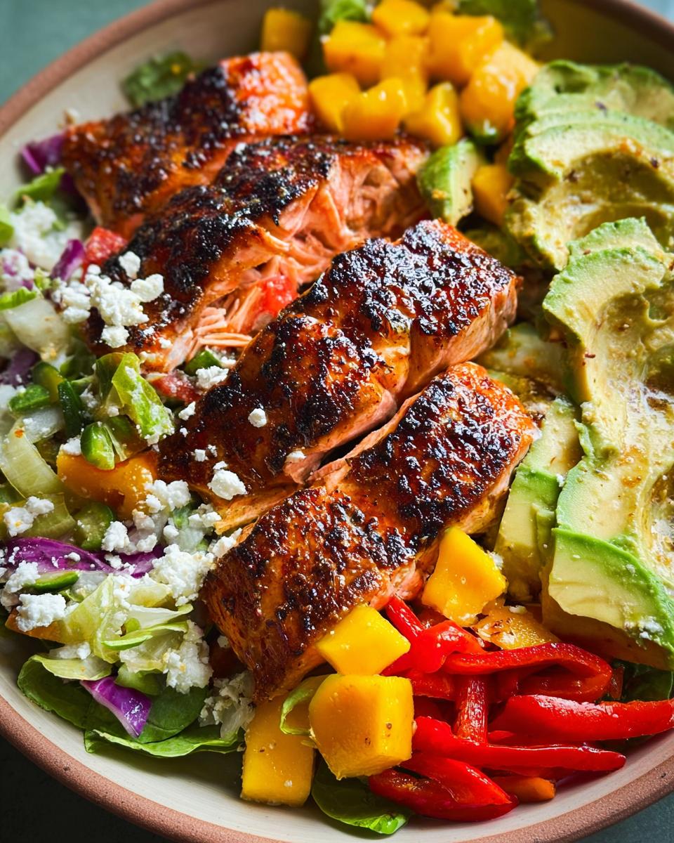 Close-up of a vibrant salad with perfectly cooked salmon fillets, avocado slices, mango chunks, and crumbled feta cheese.