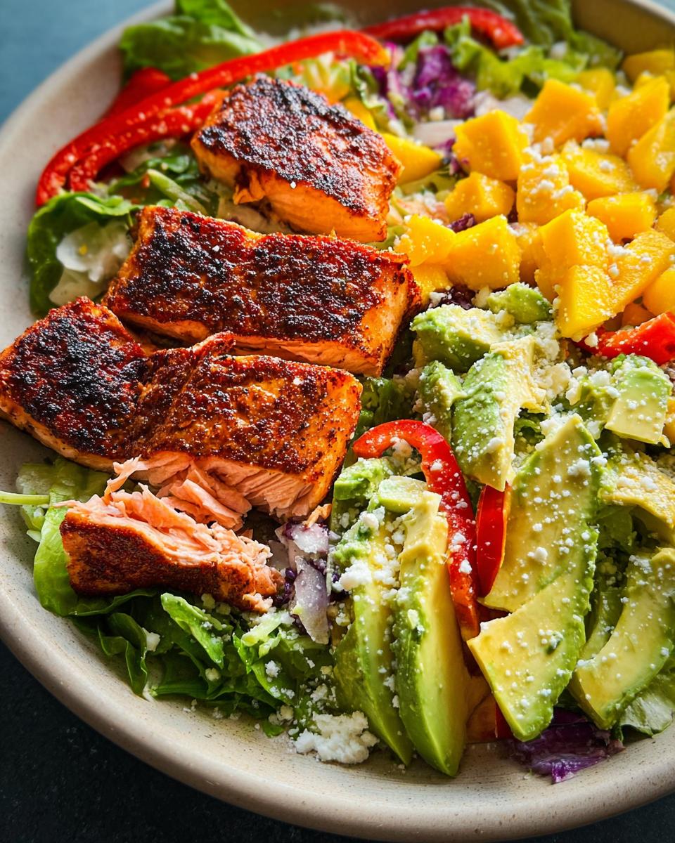 A vibrant salad featuring pan-seared salmon, diced mango, sliced avocado, red bell pepper, and crumbled cheese on a bed of lettuce.