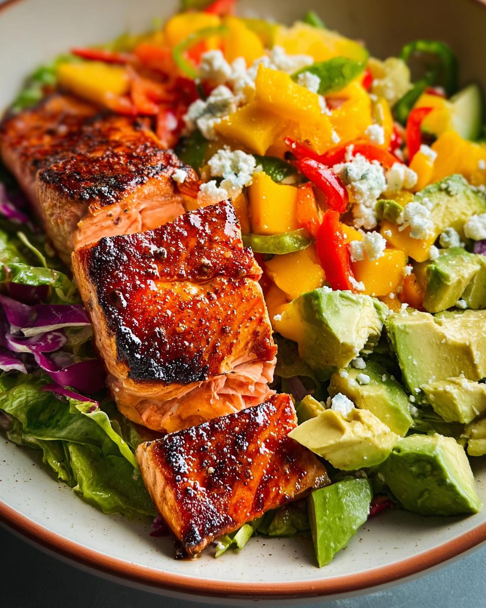 A close-up of a glazed salmon fillet served over a vibrant salad with mango, avocado, and crumbled cheese.
