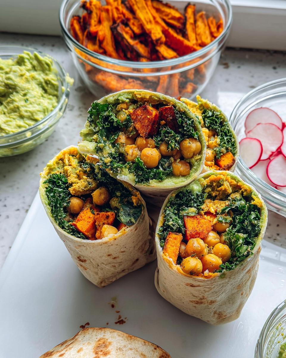 Close-up of three vegan wraps filled with chickpeas, sweet potatoes, kale, and avocado, perfect for sandwich ideas and meal prep.