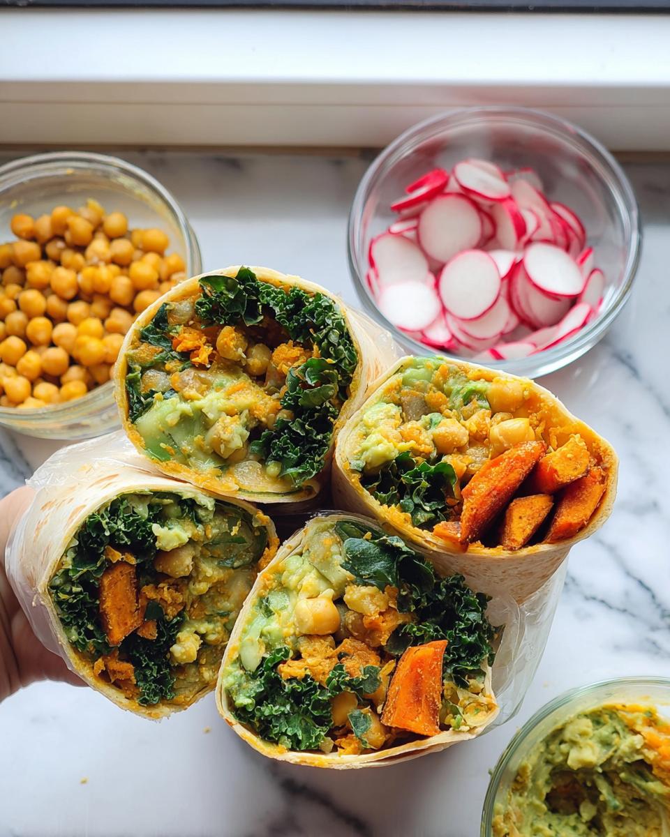 Four healthy wraps filled with chickpeas, kale, sweet potato, and avocado, perfect for meal prep sandwich ideas.