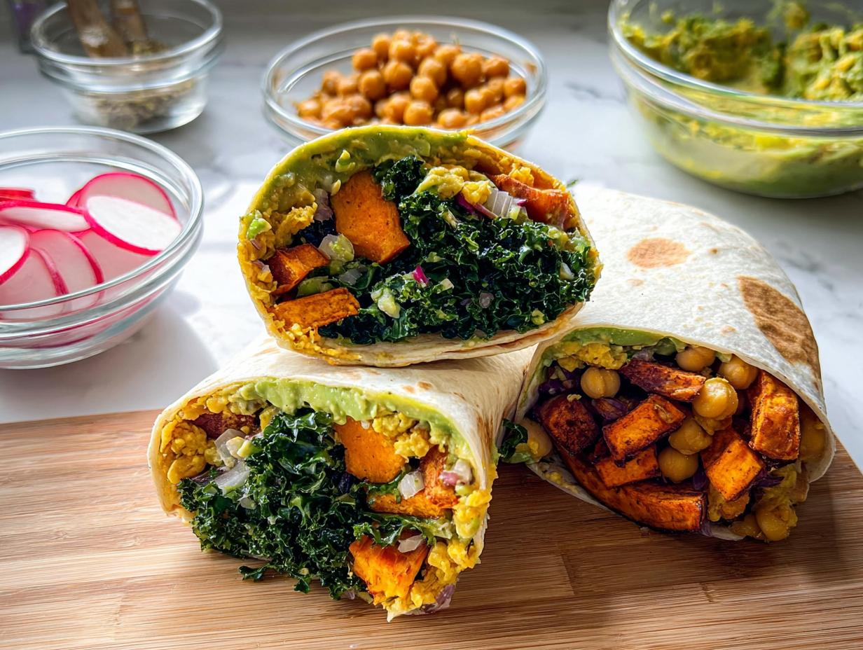 Two wraps filled with sweet potato, kale, chickpeas, and avocado, showcasing delicious sandwich ideas for meal prep.