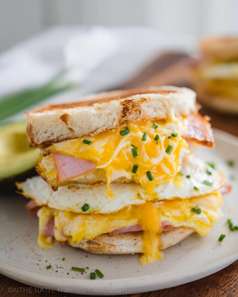 A stacked breakfast sandwich with fried eggs, melted cheese, ham, and chives on toasted bread. A perfect sandwich ideas recipe.