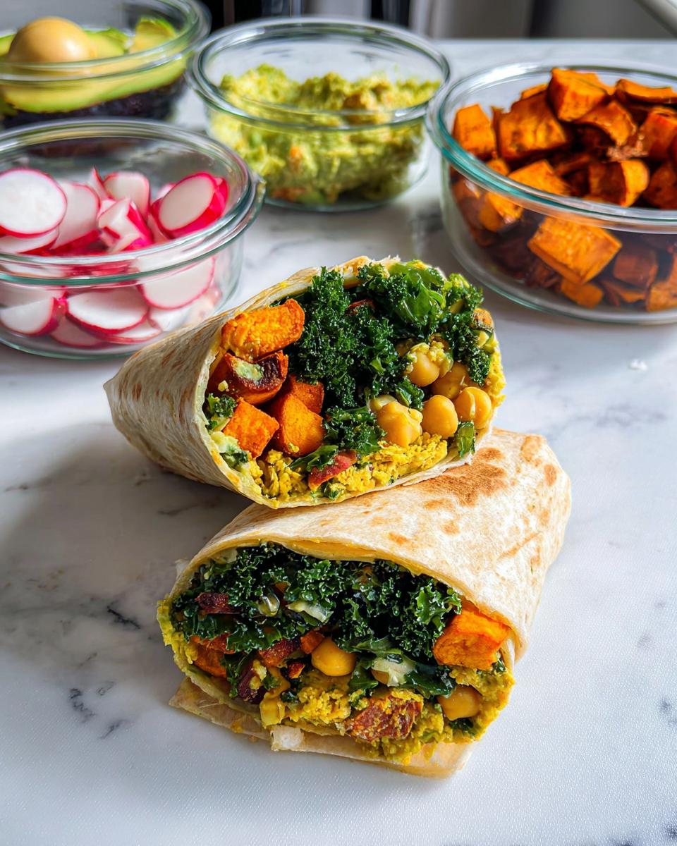 Close-up of a healthy burrito filled with sweet potatoes, kale, chickpeas, and scrambled eggs, perfect for sandwich ideas recipes meal prep.