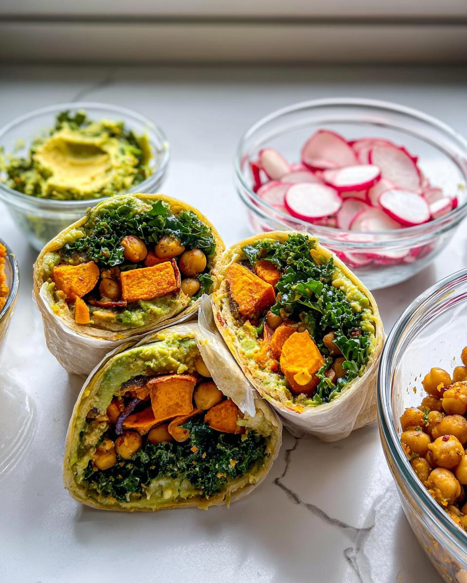 Close-up of a healthy wrap sandwich recipe, filled with sweet potato, chickpeas, kale, and avocado.
