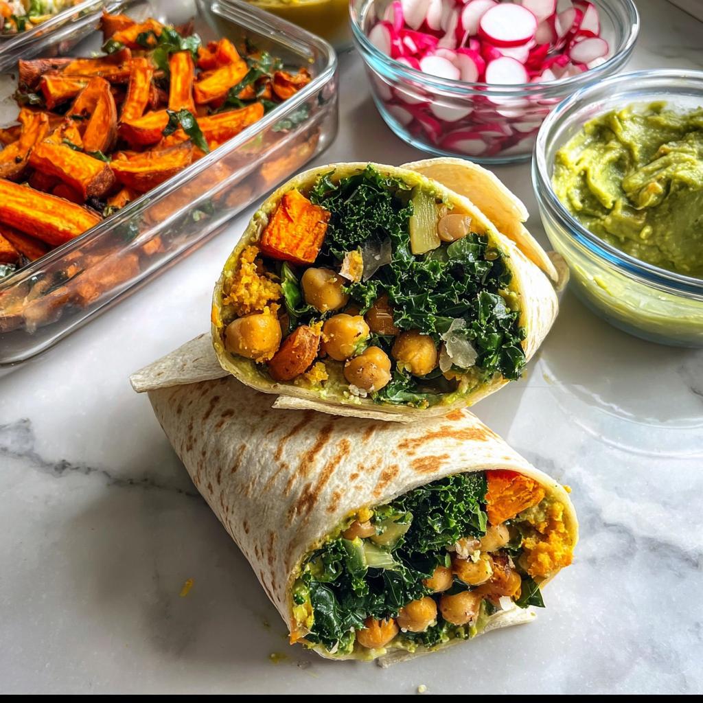 A delicious wrap cut in half, showcasing chickpeas, kale, sweet potatoes, and avocado, perfect for sandwich ideas recipes meal prep.