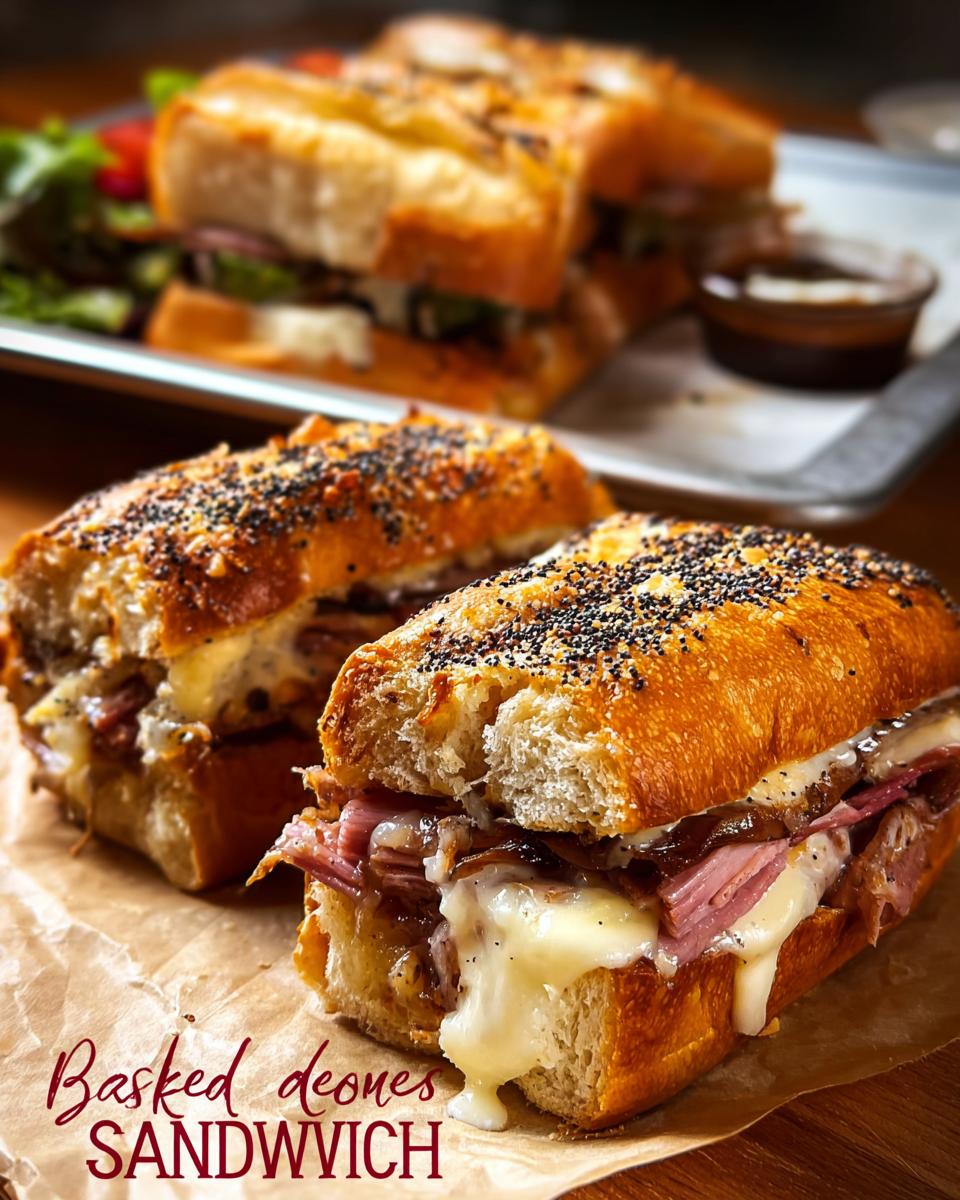 Close-up of two baked sandwiches with melted cheese, ham, and poppy seeds, part of sandwich ideas recipes.
