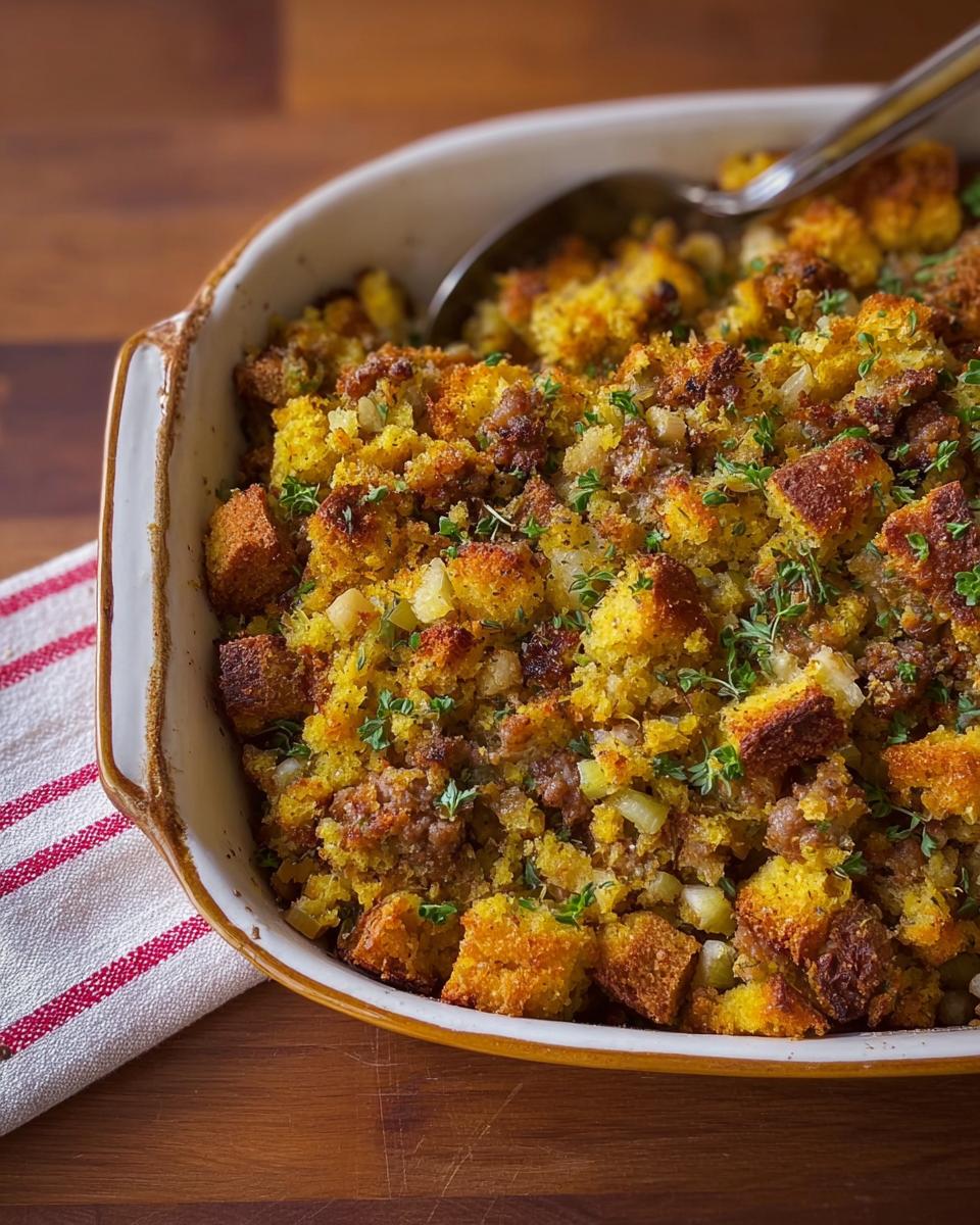 A close-up of a baking dish filled with sausage and cornbread stuffing, garnished with fresh herbs.