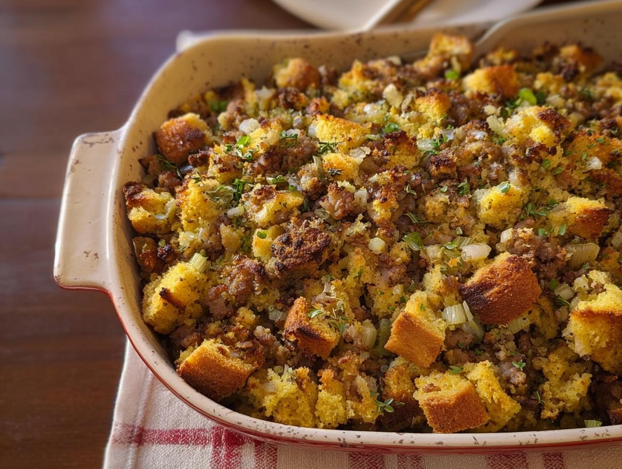 A close-up shot of homemade sausage cornbread stuffing in a baking dish, featuring chunks of cornbread, crumbled sausage, and herbs.
