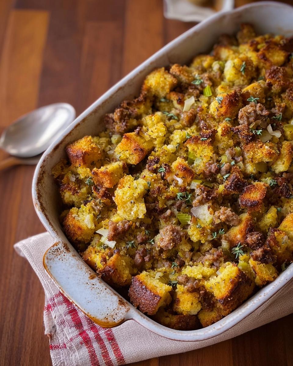 Close-up of a baking dish filled with homemade sausage stuffing, a perfect addition to busy weeknight meals.