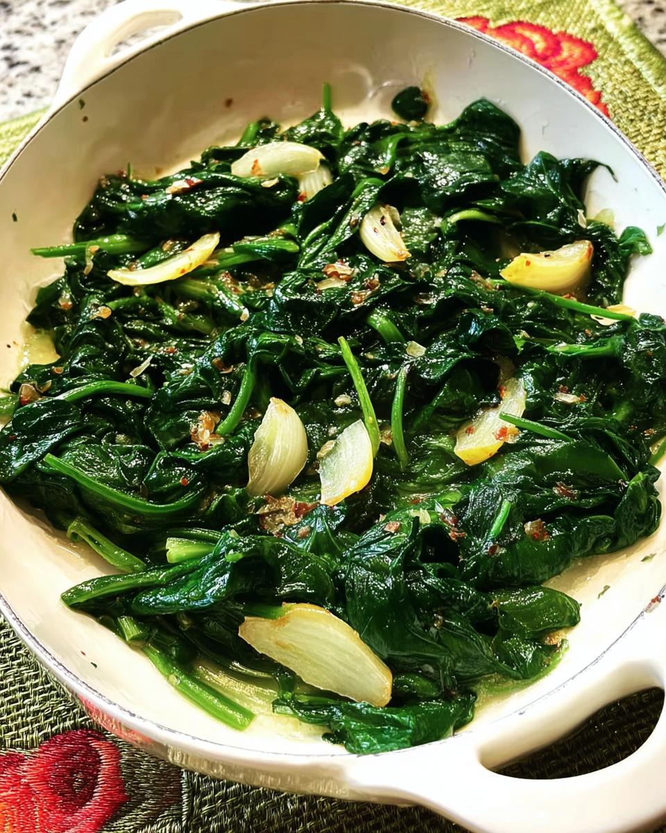 Close-up of sautéed spinach with garlic slices and chili flakes in a white pan, part of 20-Ingredient Veggie Sides Recipes.