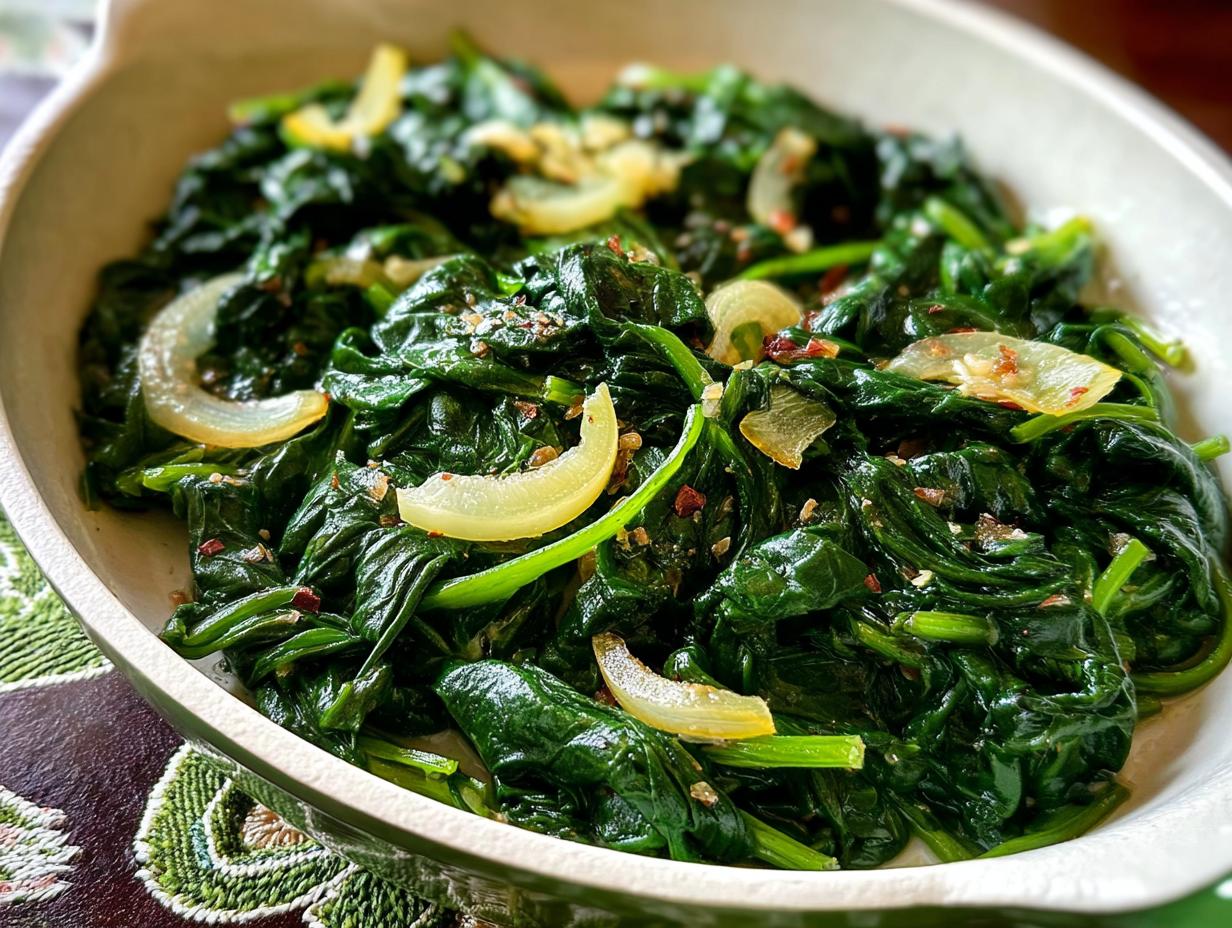 Close-up of sautéed spinach with onion slices and red pepper flakes, a simple side dish from 20-Ingredient Veggie Sides Recipes.