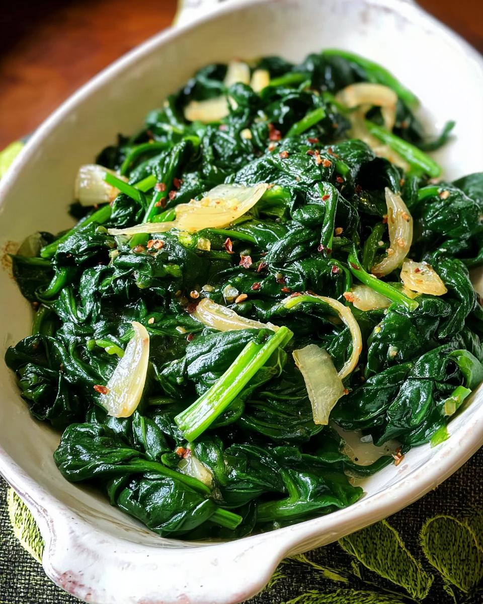 A close-up of a white bowl filled with sautéed spinach and onions, seasoned with red pepper flakes.