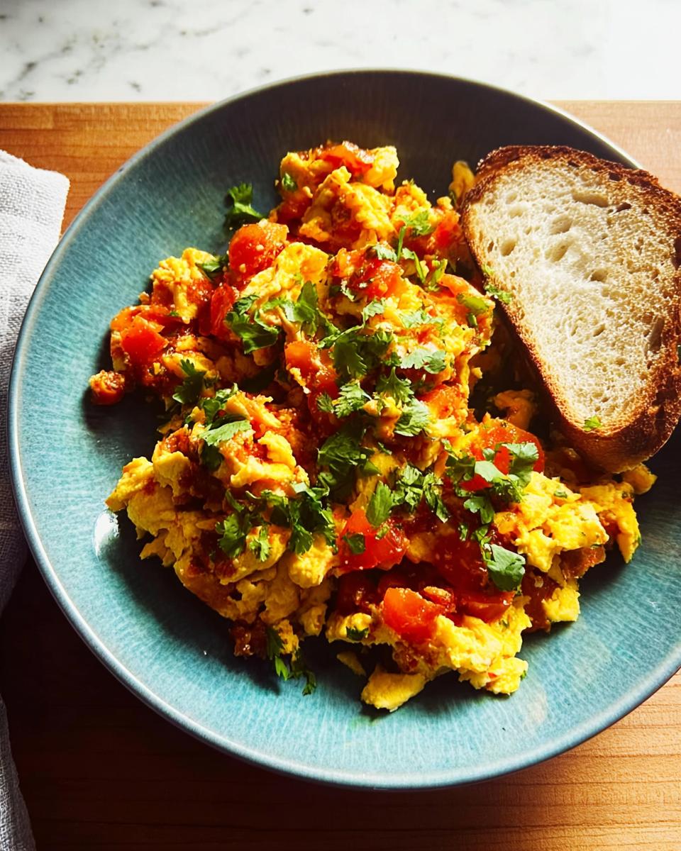 Scrambled eggs with tomatoes and cilantro, served with toast, a quick and easy egg recipe.