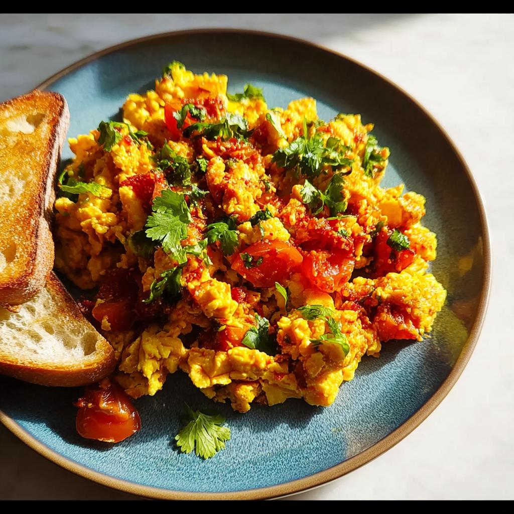 Scrambled eggs with tomatoes and herbs, served with toast, a quick and easy egg recipe.