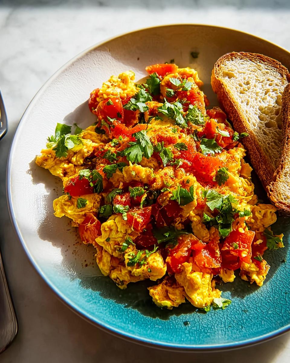 Scrambled egg recipes in 10 minutes featuring fluffy scrambled eggs with diced tomatoes and fresh parsley, served with toast.