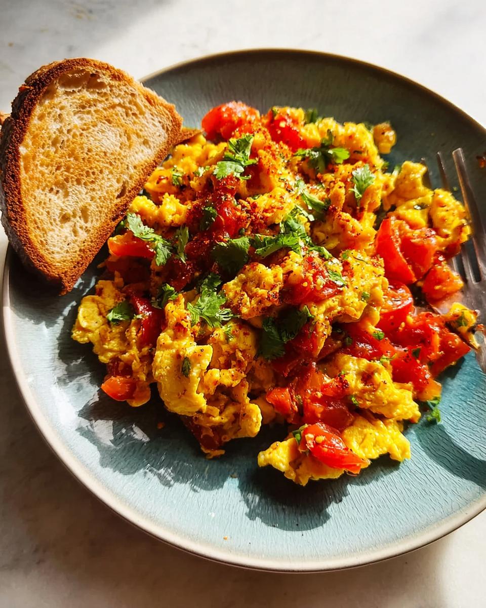 Scrambled eggs with tomatoes and herbs, served with toast, a quick and easy egg recipe.