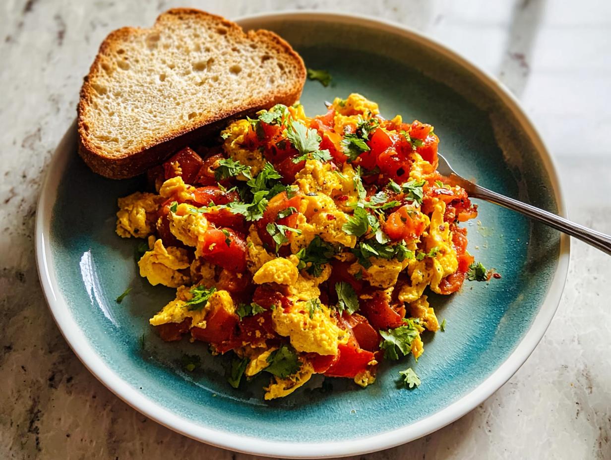 Scrambled egg recipes in 10 minutes with diced tomatoes and fresh cilantro, served with toast.