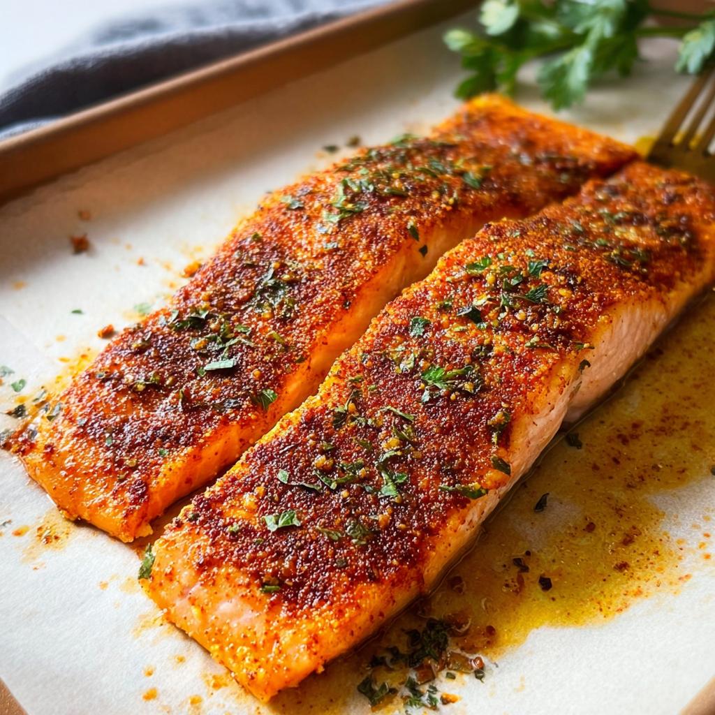 Two seasoned salmon fillets seasoned with spices and herbs, ready for quick salmon recipes.