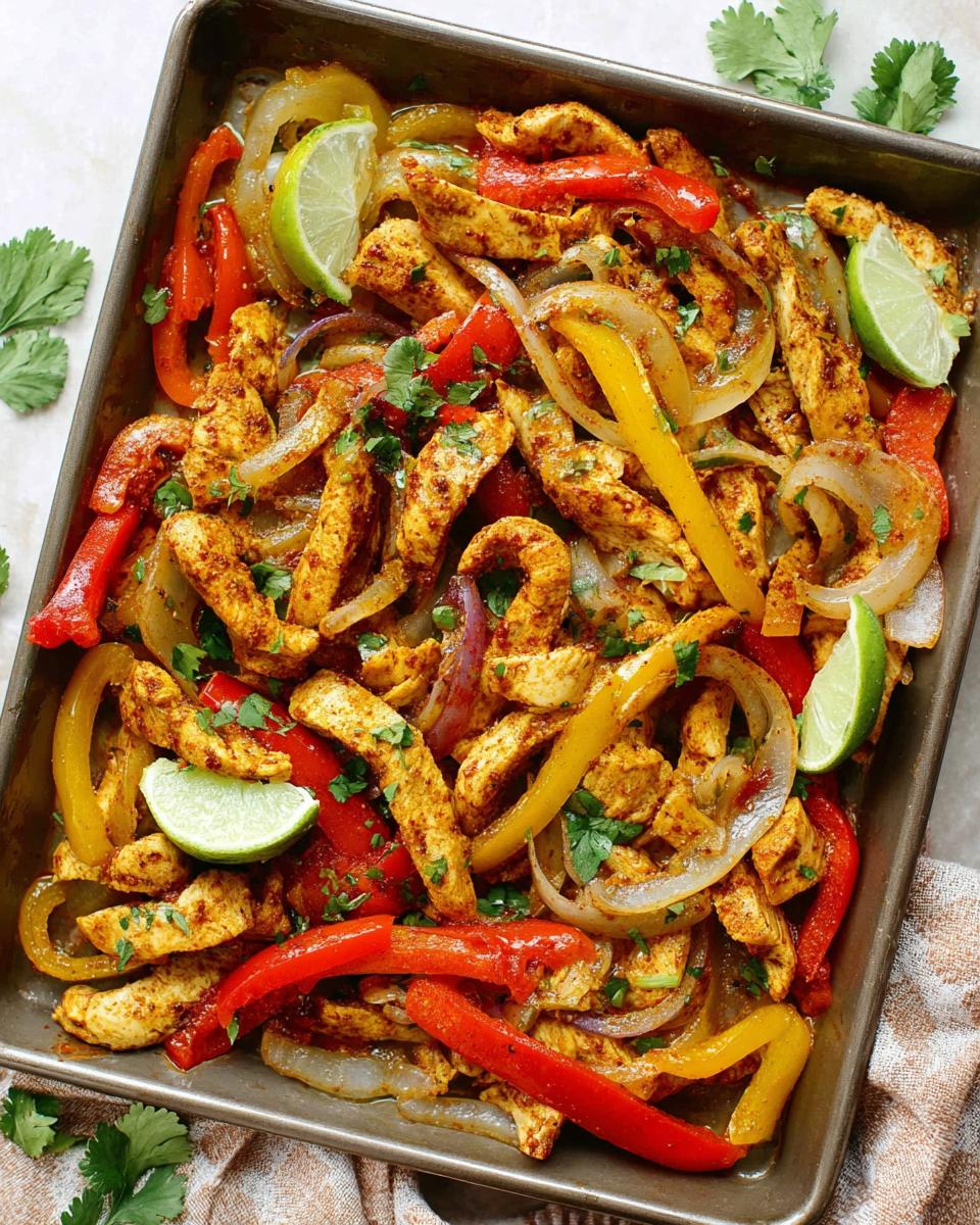 A colorful sheet pan filled with seasoned chicken strips, bell peppers, and onions, garnished with lime wedges and cilantro. A quick chicken recipe.