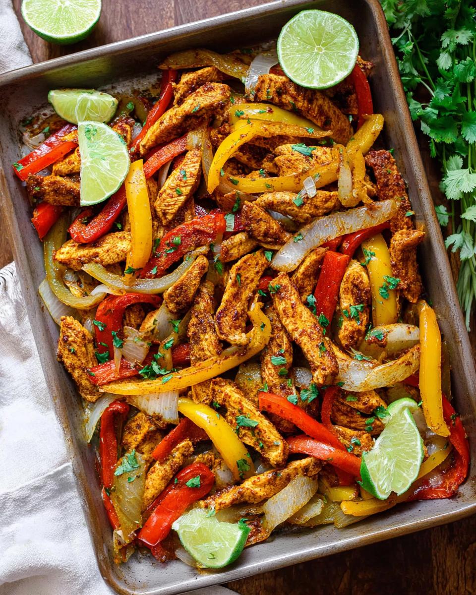 Sheet pan chicken fajitas with colorful bell peppers, onions, and lime wedges, a perfect example of 7 Genius Chicken Recipes.