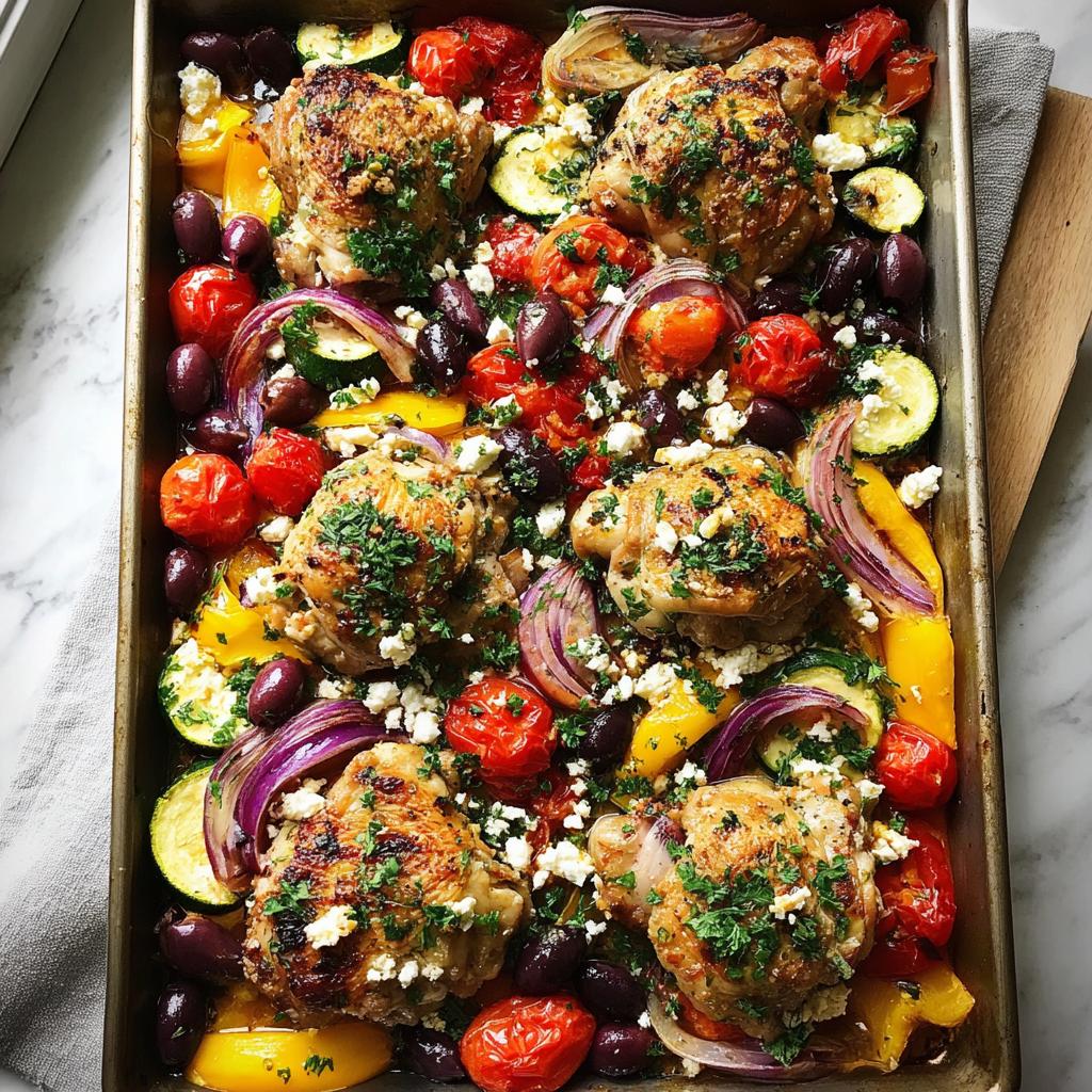 A colorful sheet pan meal featuring roasted chicken thighs with cherry tomatoes, zucchini, bell peppers, red onion, olives, and feta cheese.