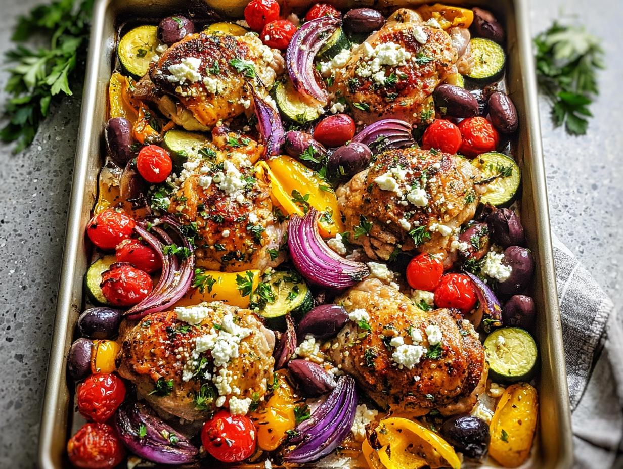 A colorful sheet pan meal featuring roasted chicken thighs with zucchini, red onion, bell peppers, cherry tomatoes, and olives, topped with feta cheese.