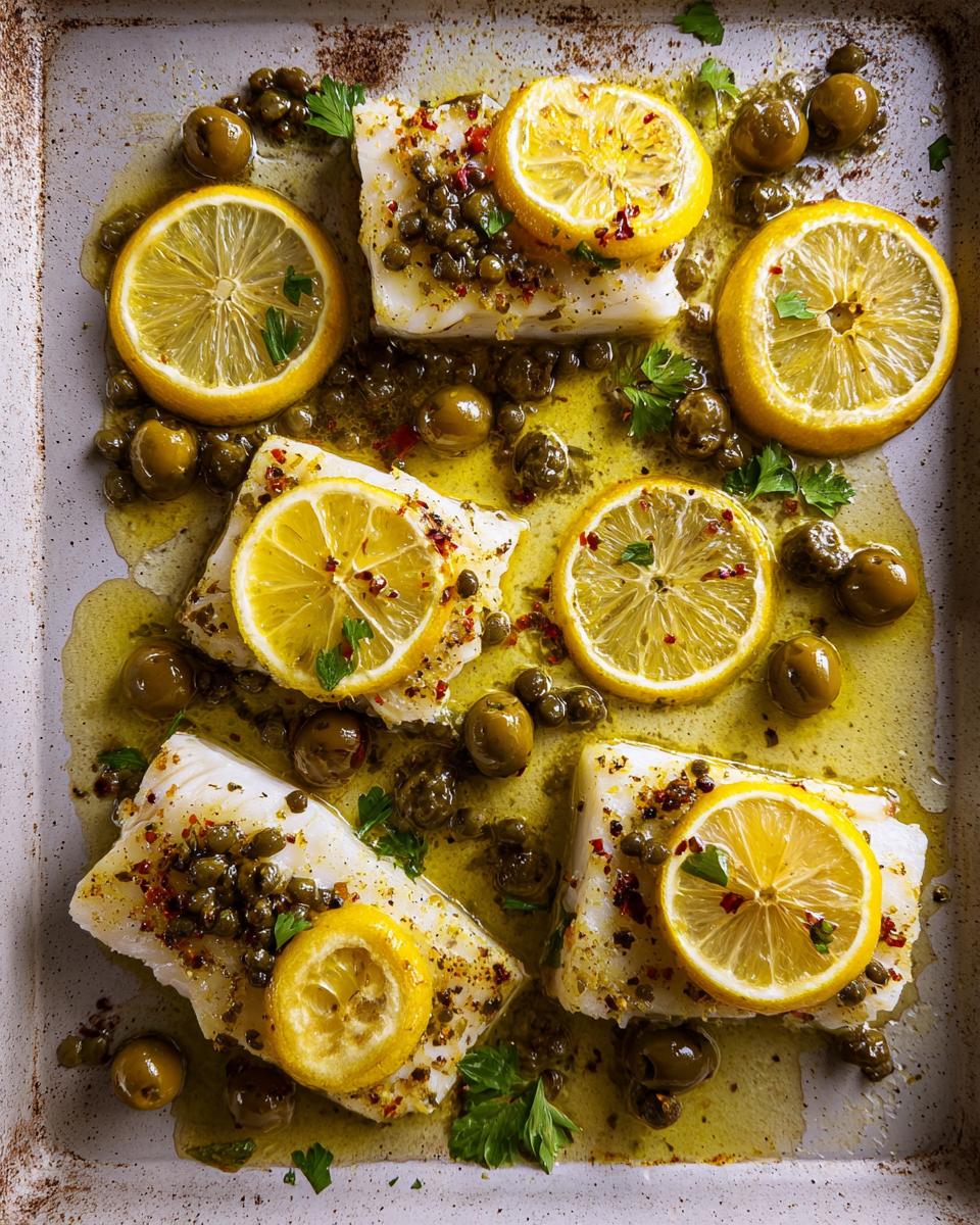 Four pieces of white fish baked on a sheet pan with lemon slices, olives, capers, and herbs.