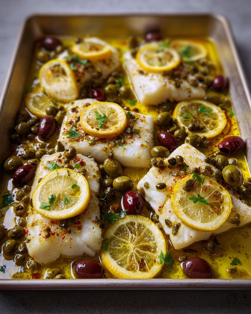 Close-up of baked white fish fillets with lemon slices, olives, and capers in a baking pan.