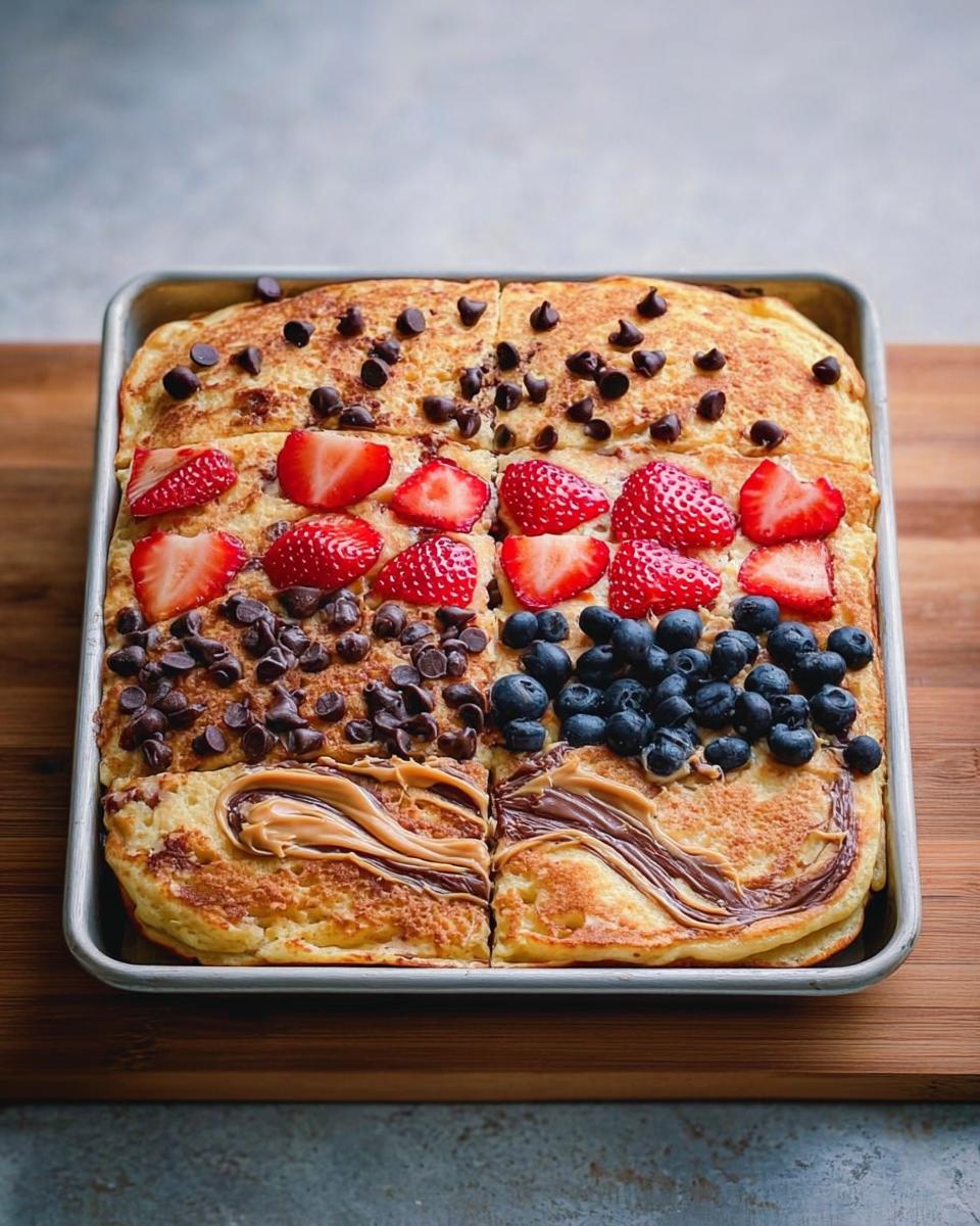 A sheet pan of 10-ingredient breakfast pancakes topped with strawberries, blueberries, chocolate chips, and nutella.