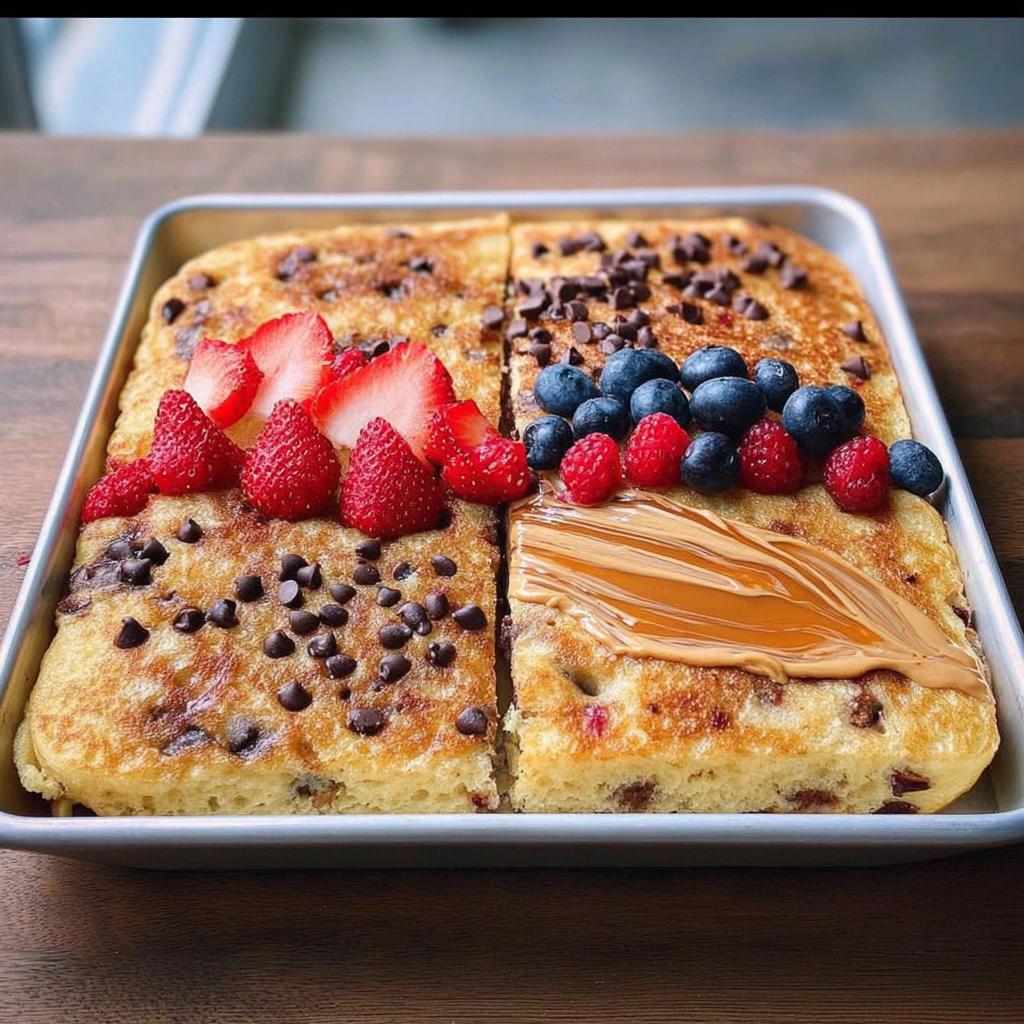 A sheet pan of 10-ingredient breakfast pancakes topped with strawberries, blueberries, raspberries, chocolate chips, and peanut butter.