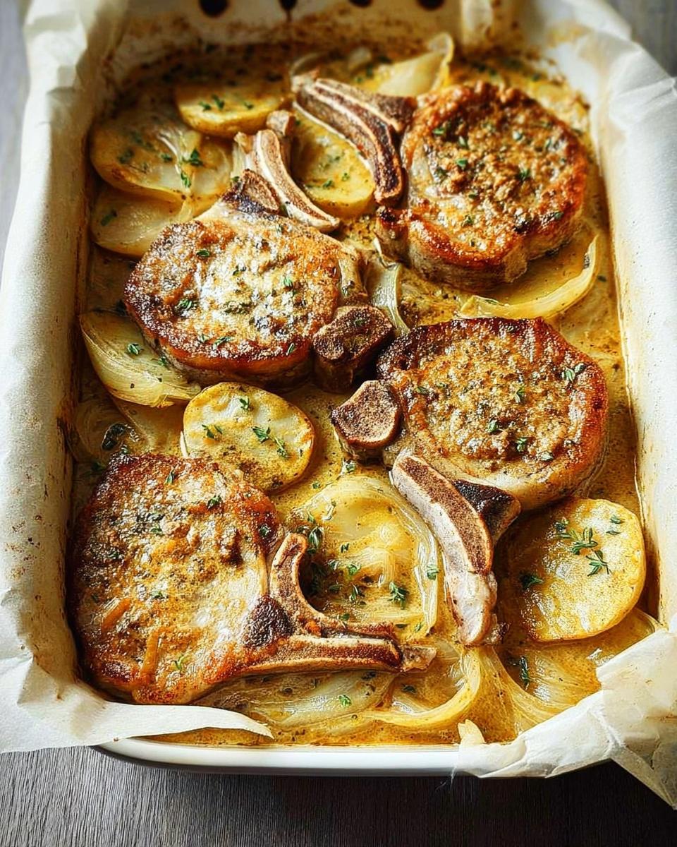 Close-up of a sheet pan filled with baked pork chops, sliced potatoes, and onions, seasoned with herbs.