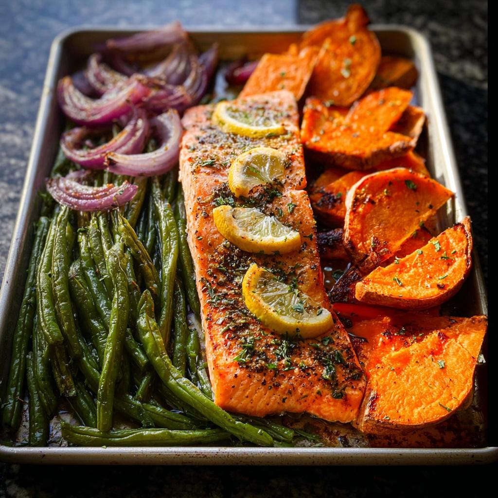 A delicious sheet pan meal prep featuring a salmon fillet, roasted sweet potatoes, green beans, and red onion.