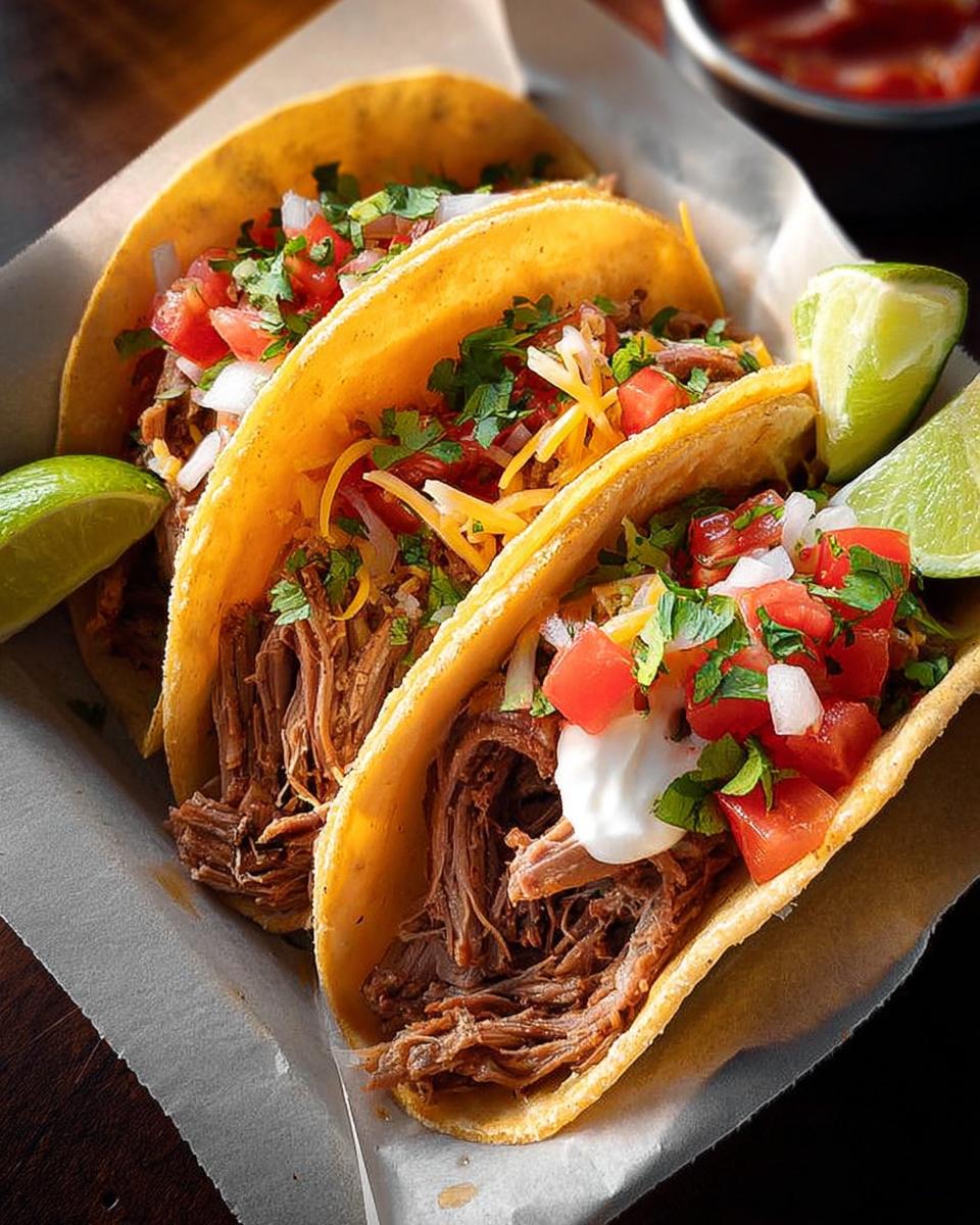 Close-up of three fully loaded shredded beef tacos, topped with pico de gallo, cheese, and sour cream, perfect for Taco Tuesday recipes.