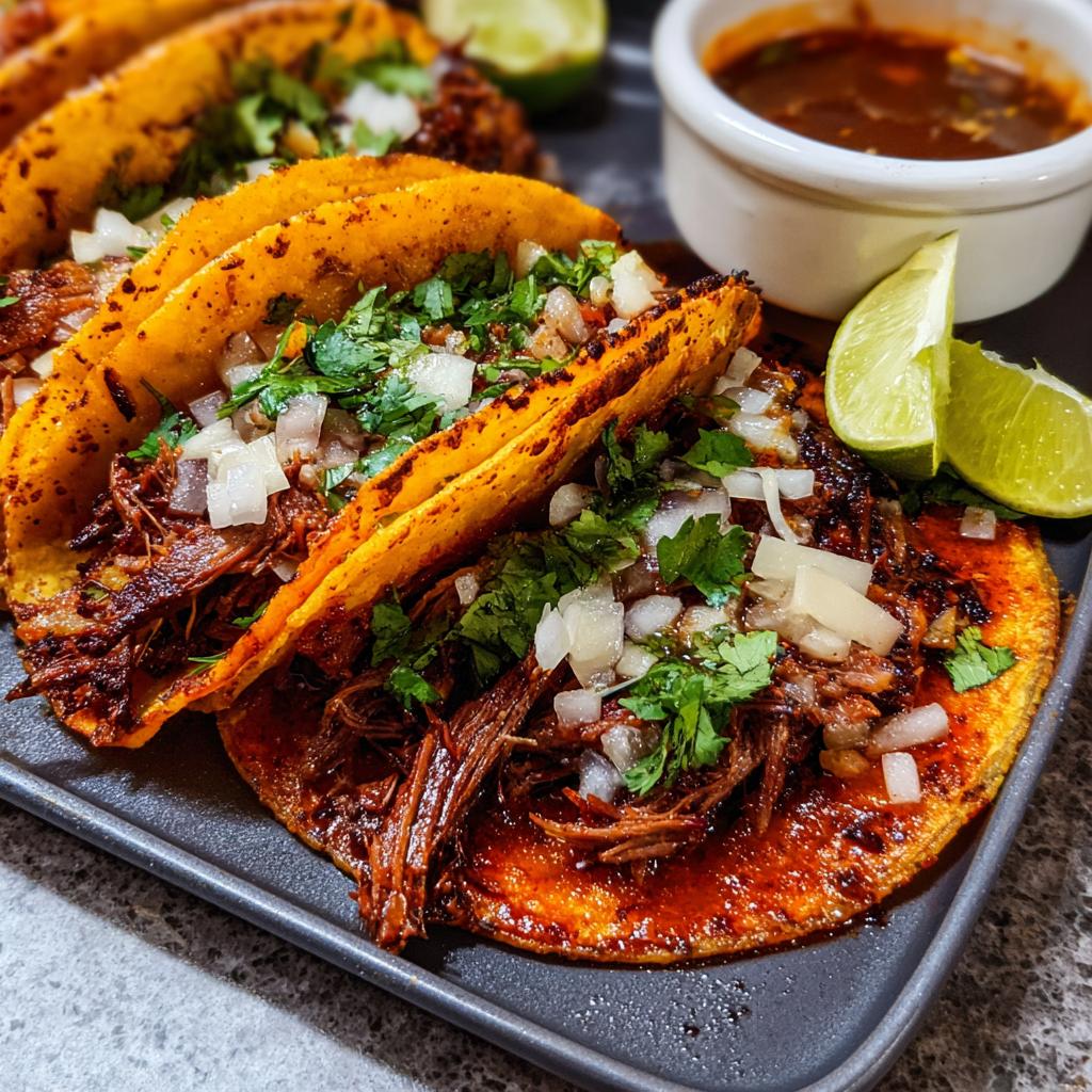 Close-up of three shredded beef tacos, topped with onions and cilantro, served with lime wedges and a side of consommé for Taco Tuesday.
