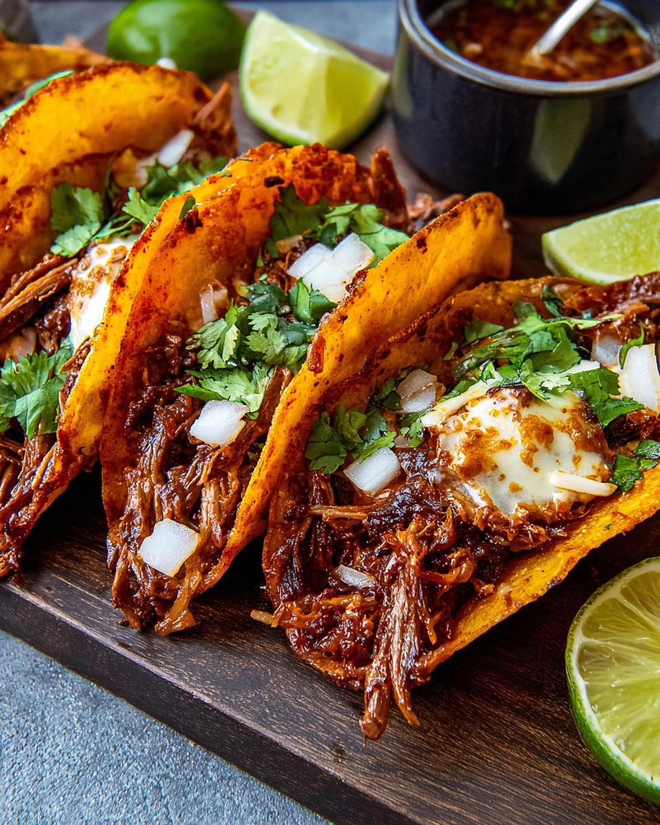 Close-up of crispy shredded beef tacos, topped with cilantro, onions, and melted cheese, served with lime wedges.