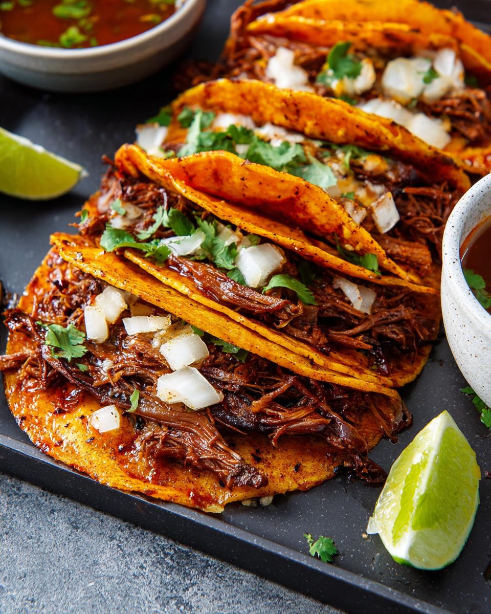 Close-up of three shredded beef tacos with onions and cilantro, served with lime wedges and dipping sauce. Perfect for Taco Tuesday!