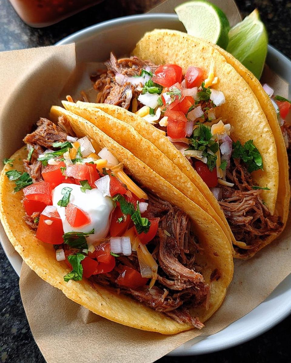 Close-up of two shredded beef tacos, topped with fresh tomatoes, onions, cheese, and a dollop of sour cream. Perfect for Taco Tuesday Recipes.