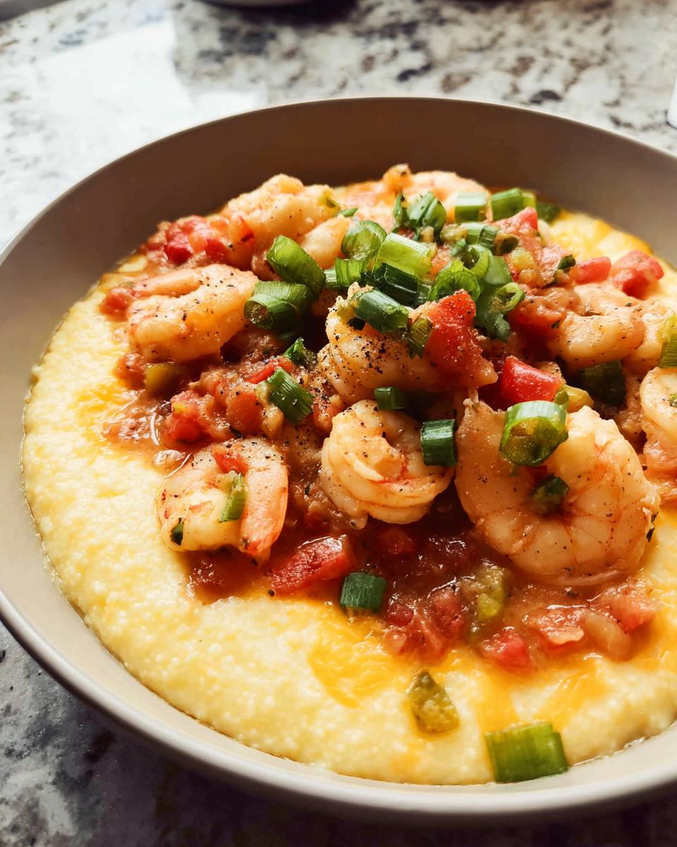 A close-up of creamy grits topped with succulent shrimp in a tomato-based sauce, garnished with green onions. Part of 25-Ingredient Shrimp Recipes.