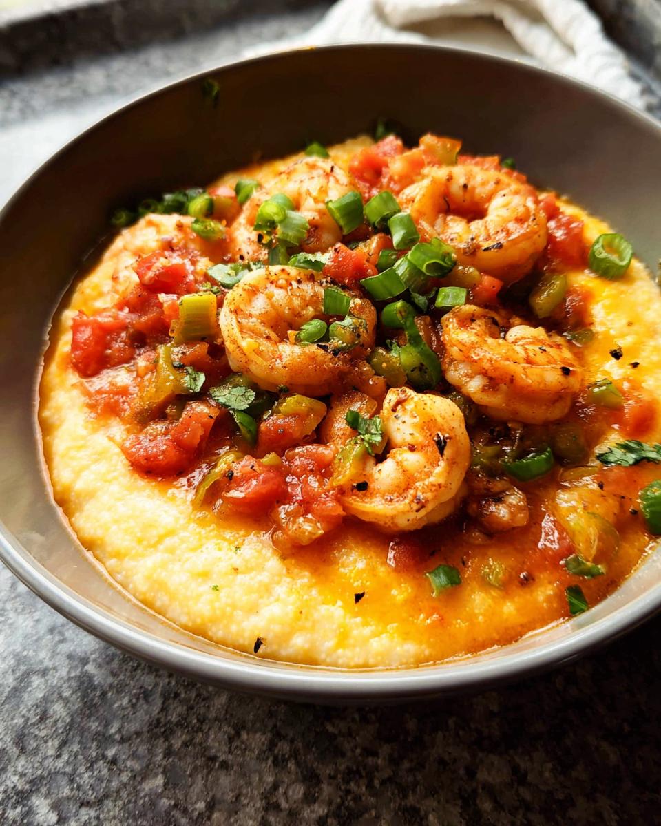 A close-up of shrimp and grits, featuring plump shrimp in a savory tomato sauce served over creamy grits, garnished with green onions.